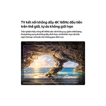 LG OLED evo AI W6 Wallpaper TV with Visually Lossless performance displays a sunlit ocean cave scene in 4K 165Hz, preserving fine detail, natural color, and smooth motion wirelessly.
